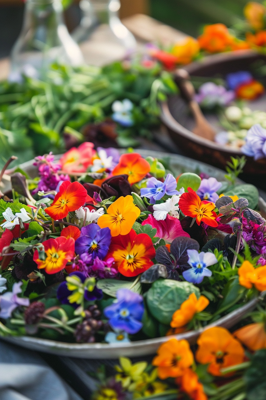 Assorted colorful edible flowers in bowls, presented on a table for culinary use.
