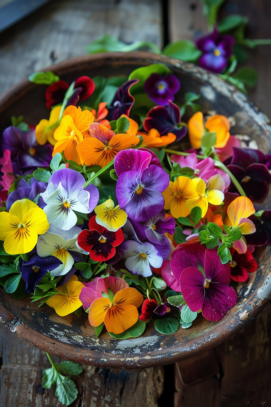 A rustic bowl filled with a variety of colorful pansies in shades of purple, yellow, orange, and red, sitting on a wooden surface.