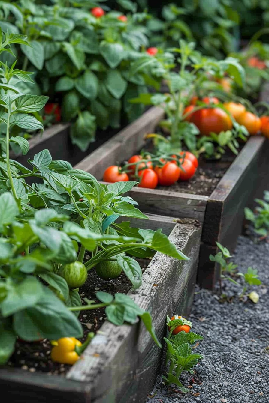 Raised garden beds with ripening tomatoes among green foliage.
