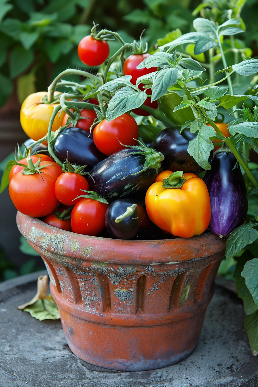 A clay pot filled with fresh vegetables, including red and yellow tomatoes, bell peppers, and purple eggplants.