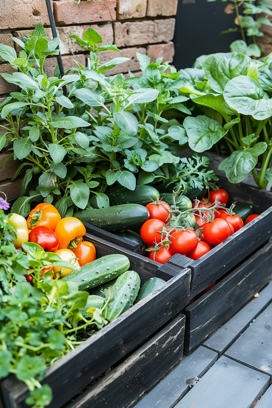 Fresh vegetables like tomatoes and cucumbers in black crates on a wooden deck against a brick wall.