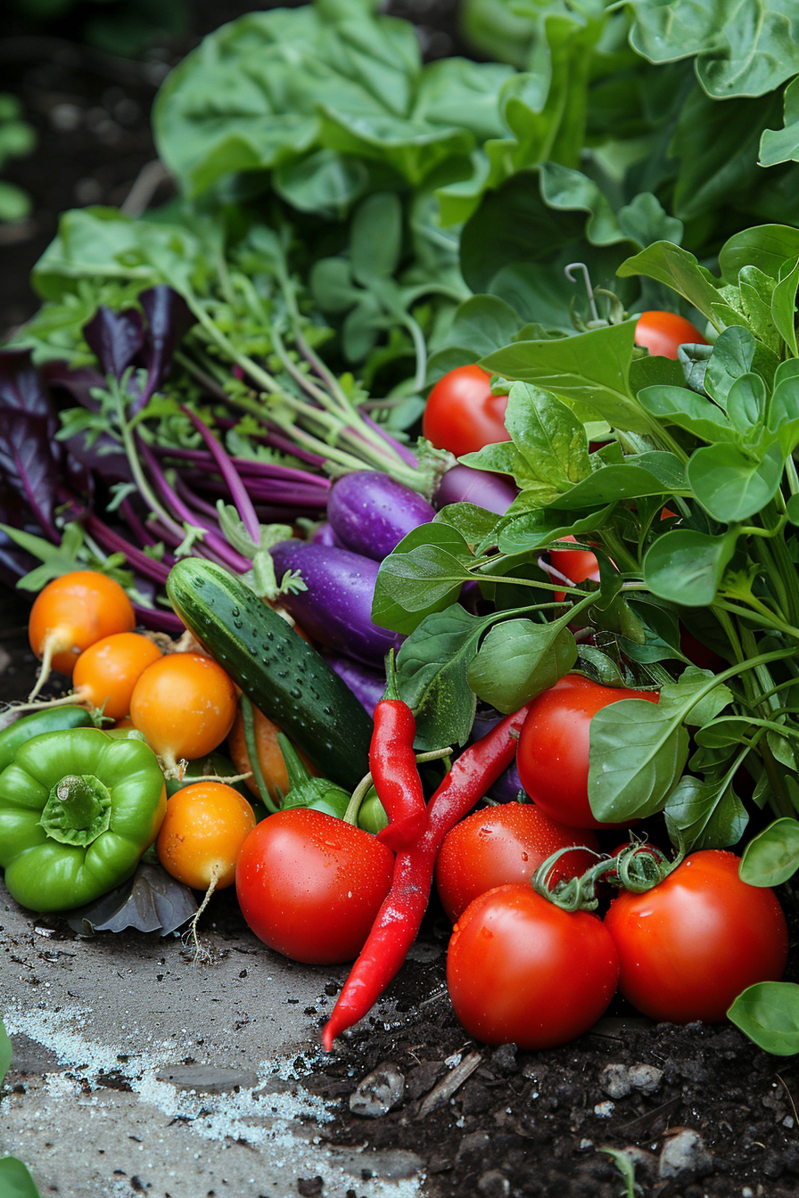 A variety of fresh vegetables including tomatoes, eggplants, cucumbers, peppers, and greens on a soil background.