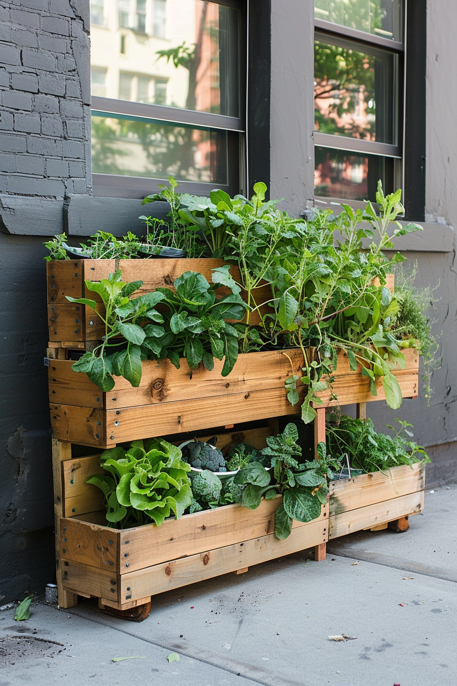 ALT text: "A vertical wooden planter box with layers of lush green herbs and lettuce on a sidewalk next to a building with gray walls and windows."