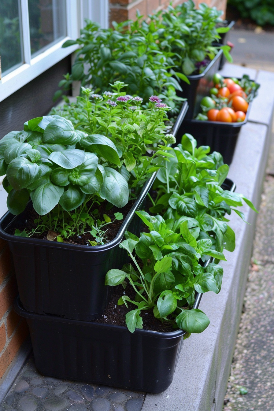 A row of lush green herb plants in black containers placed on a window ledge, with ripening tomatoes visible in the last pot.