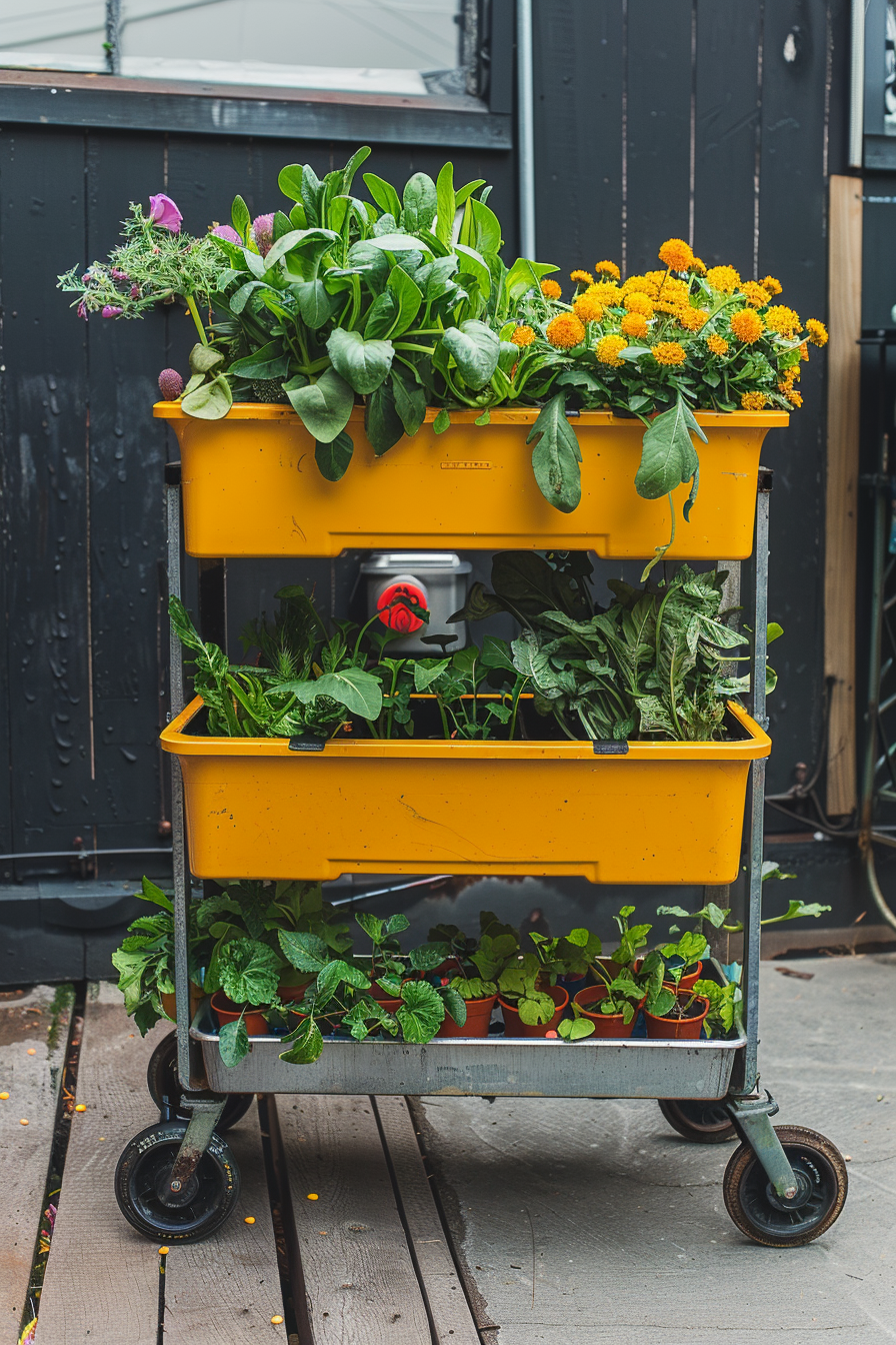 A vibrant yellow three-tiered rolling cart overflowing with various plants and flowers, stationed outdoors on a wooden floor.