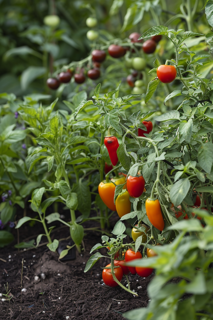 Ripe red and yellow bell peppers and tomatoes growing in a lush garden with dark soil and green foliage.