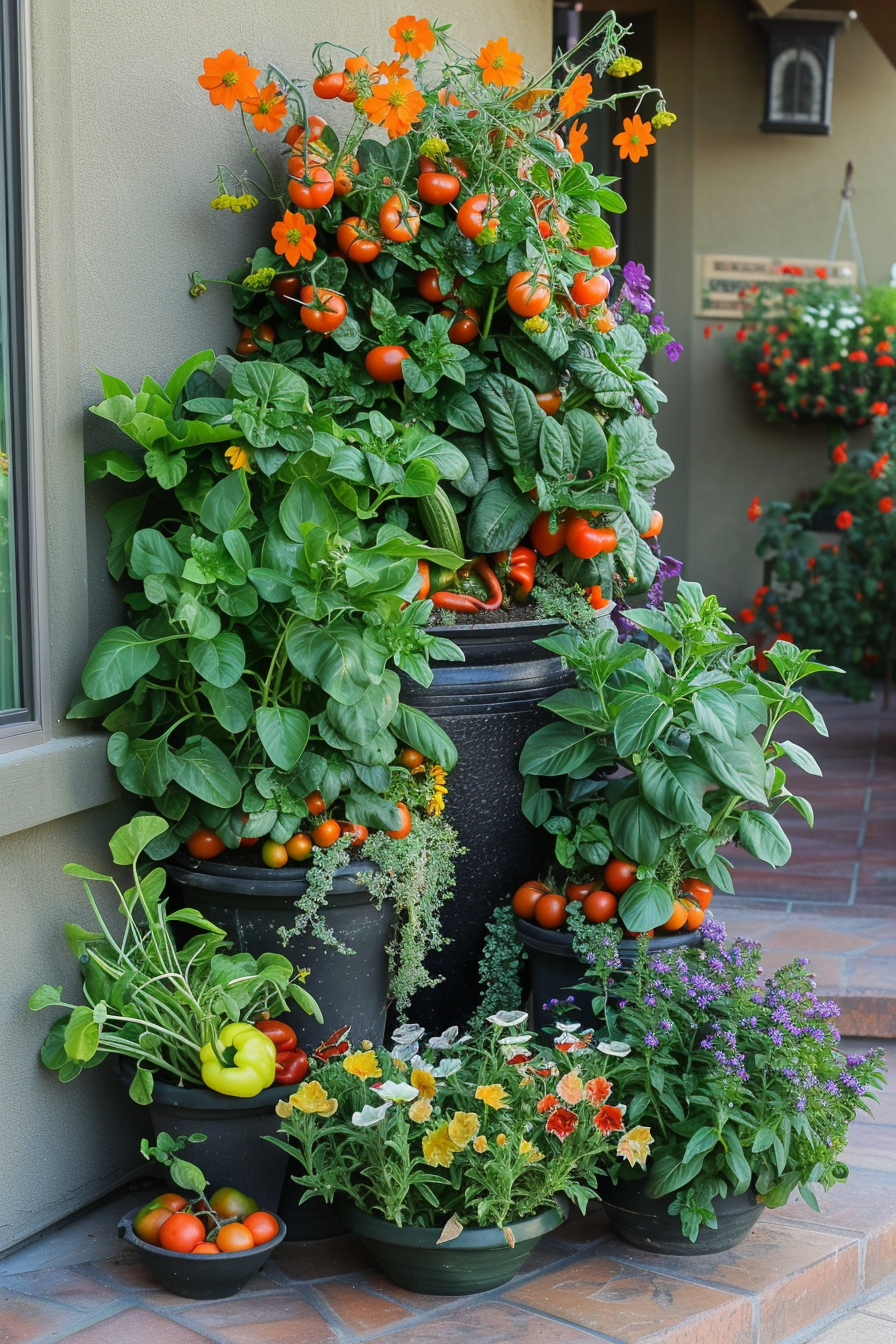 A vertical garden with ripe tomatoes, flowers, and various herbs growing in stacked black pots on a porch.