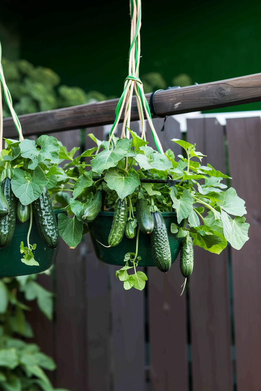 Hanging cucumber plants with ripe cucumbers ready for harvest against a wooden fence background.