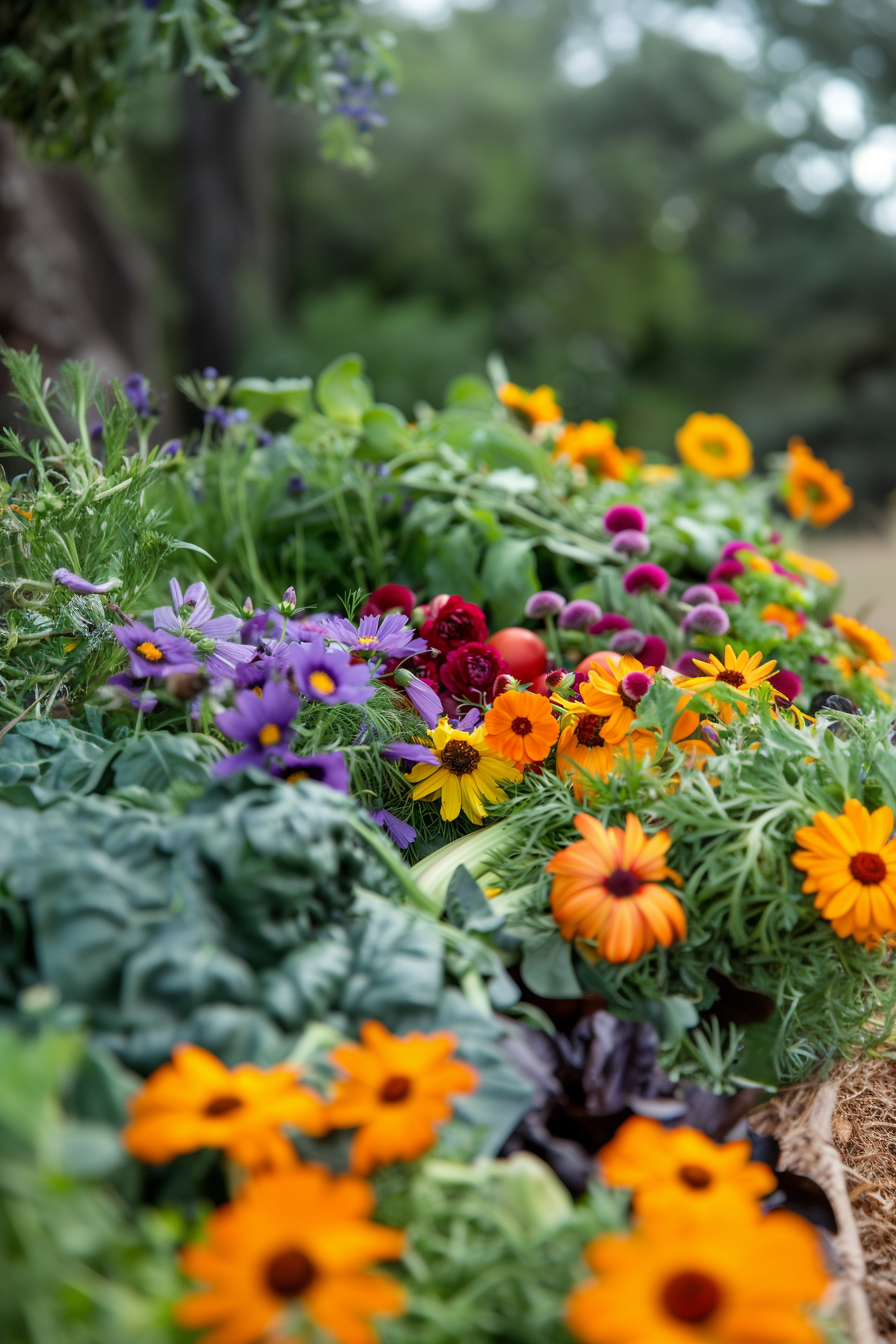 A vibrant collection of various flowers, including purple, red, and orange blooms, with a soft-focus background of greenery.