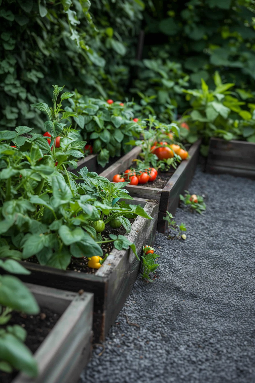 Raised garden beds with lush green plants and ripe tomatoes on a gravel path.