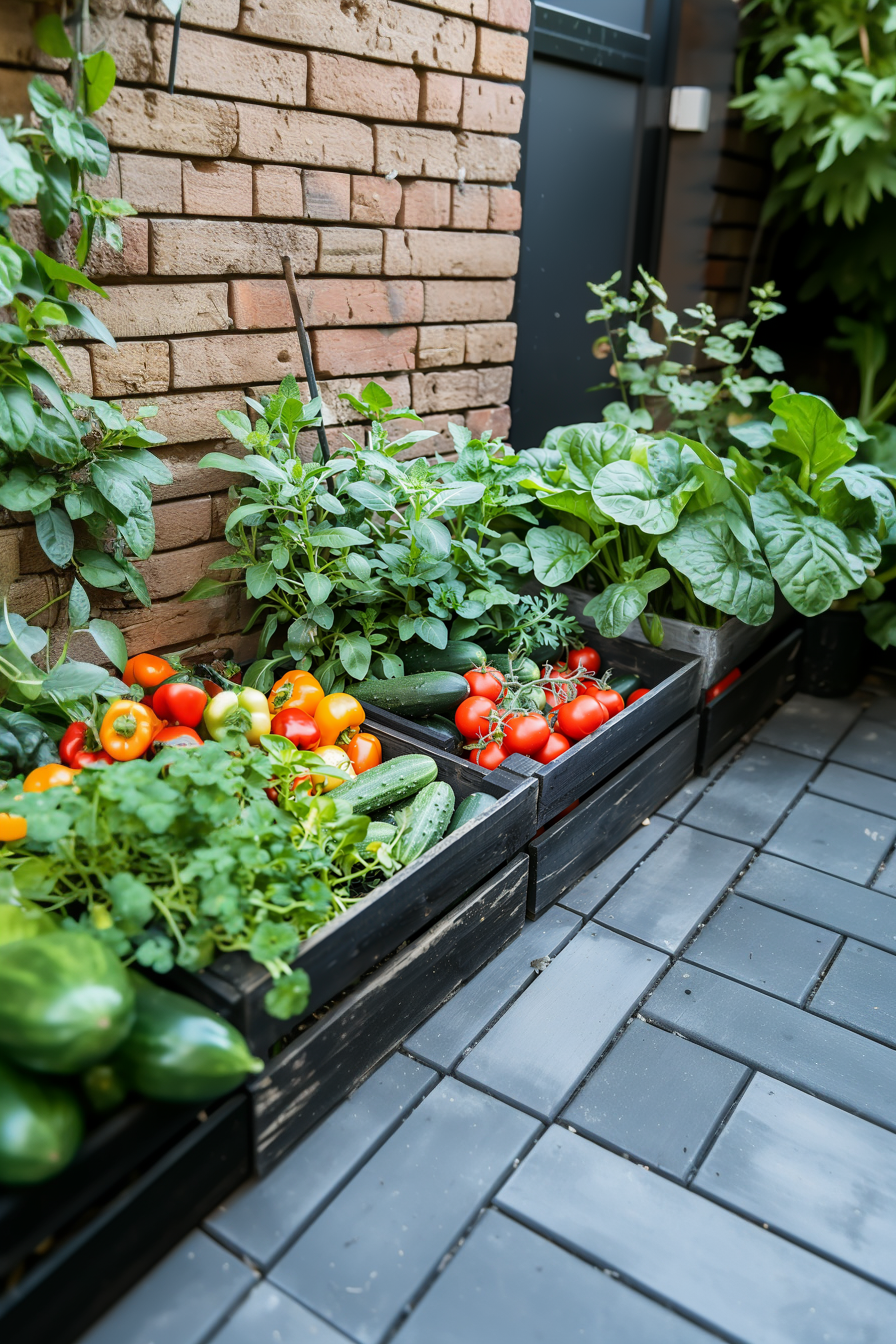 A small urban garden with tomatoes, cucumbers, and herbs in black containers on a tiled patio next to a brick wall.