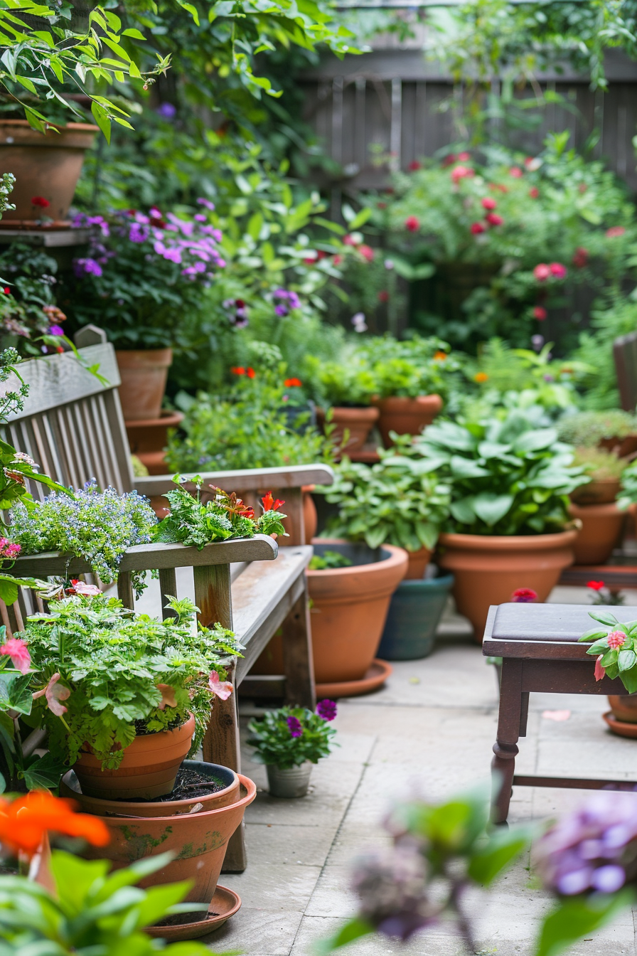 A peaceful garden patio filled with an array of potted plants and flowers, flanked by a wooden bench and table.