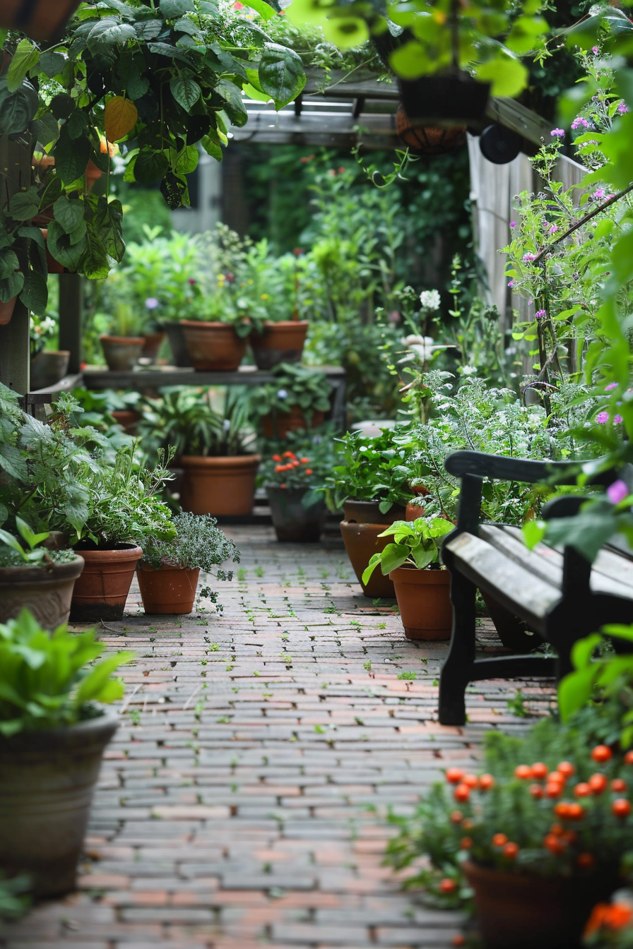 A tranquil garden pathway lined with lush potted plants and a wooden bench, showcasing vibrant greenery and a brick walkway.