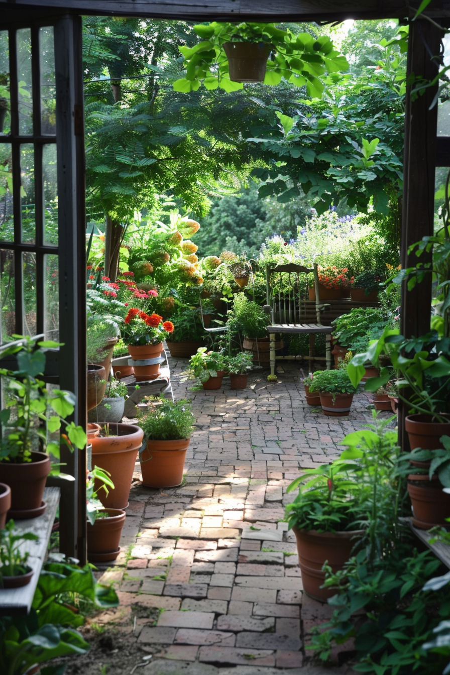 A tranquil garden patio with terracotta pots of lush plants, brick floor, and a wooden bench bathed in sunlight.