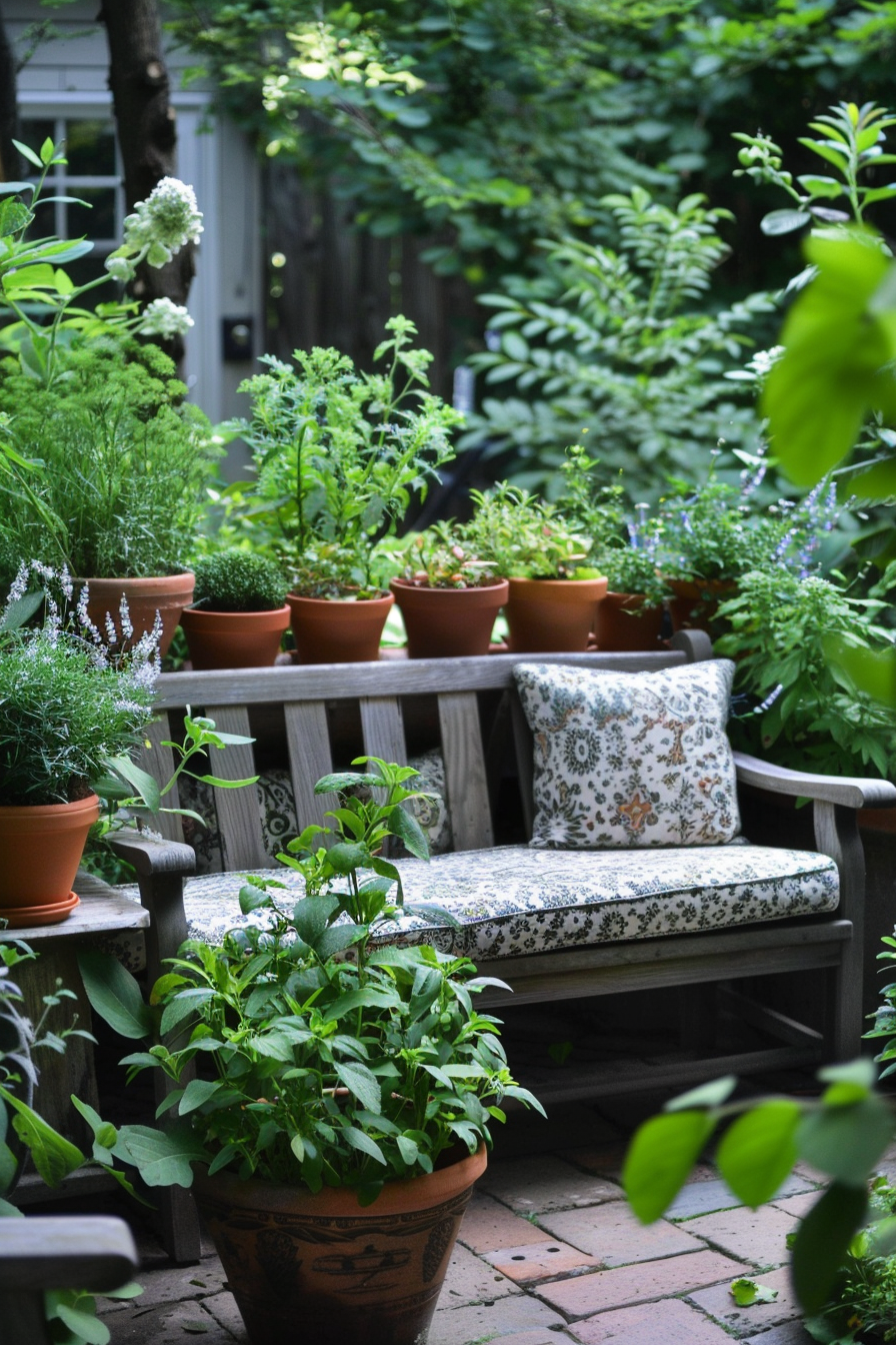 A cozy garden bench surrounded by lush greenery and potted plants with a patterned cushion and pillow.