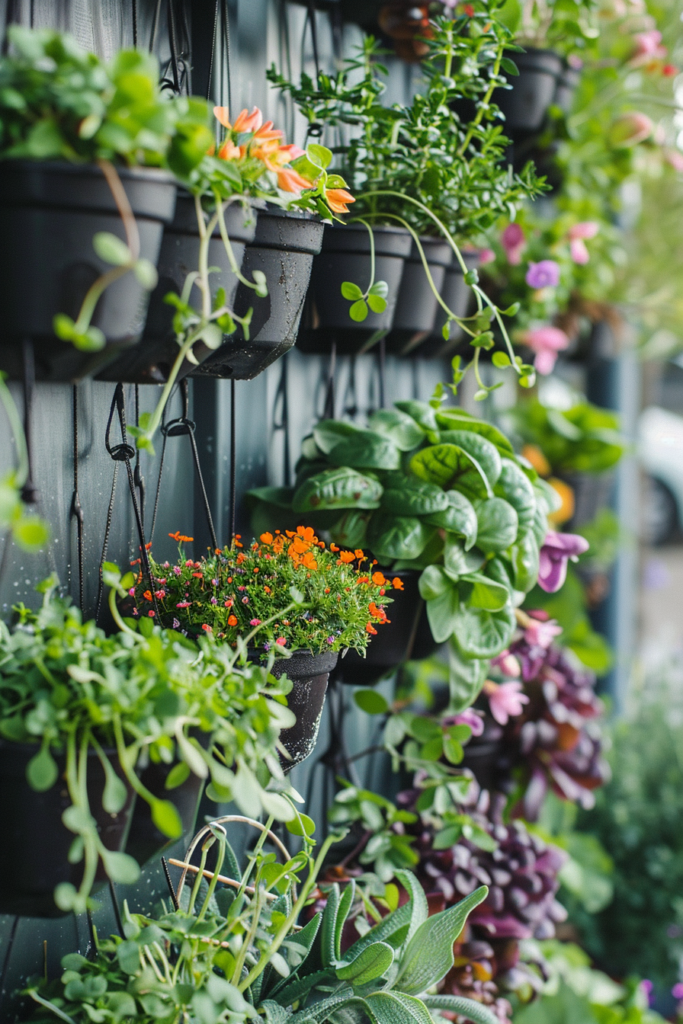 A vertical garden with a variety of potted plants and flowers hanging against a wooden fence.