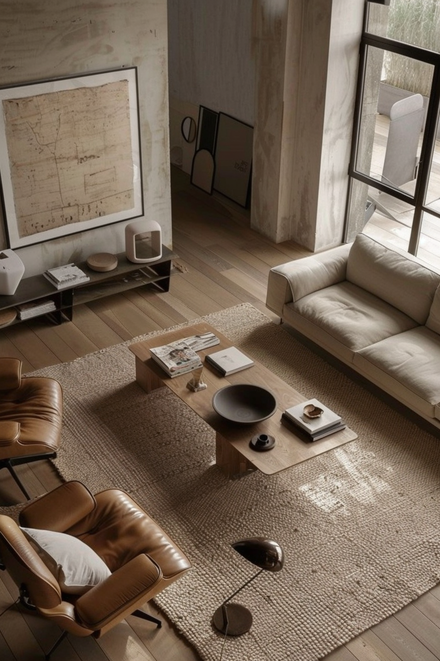 Modern living room with beige sofa, wooden coffee table, leather chairs, and minimalistic decor.