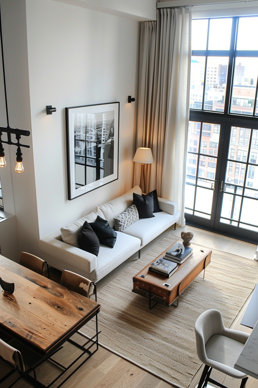 Modern living room with a white sofa, black accent pillows, wooden furniture, and large windows with city view.