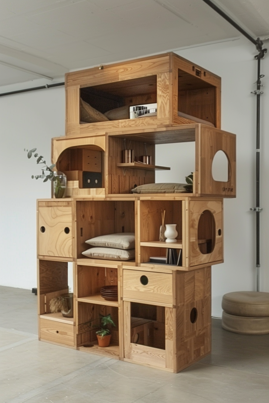 ALT: A stack of wooden modular boxes with compartments, some with circular cutouts, used as a multifunctional furniture piece with decor items.