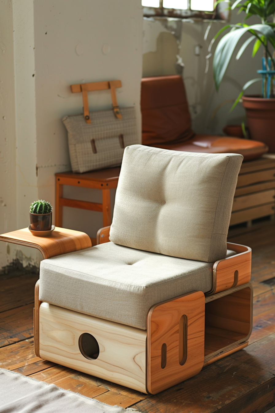 Modern armchair with cream cushions and wooden frames, featuring shelves and storage, beside a potted cactus in a sunlit room.
