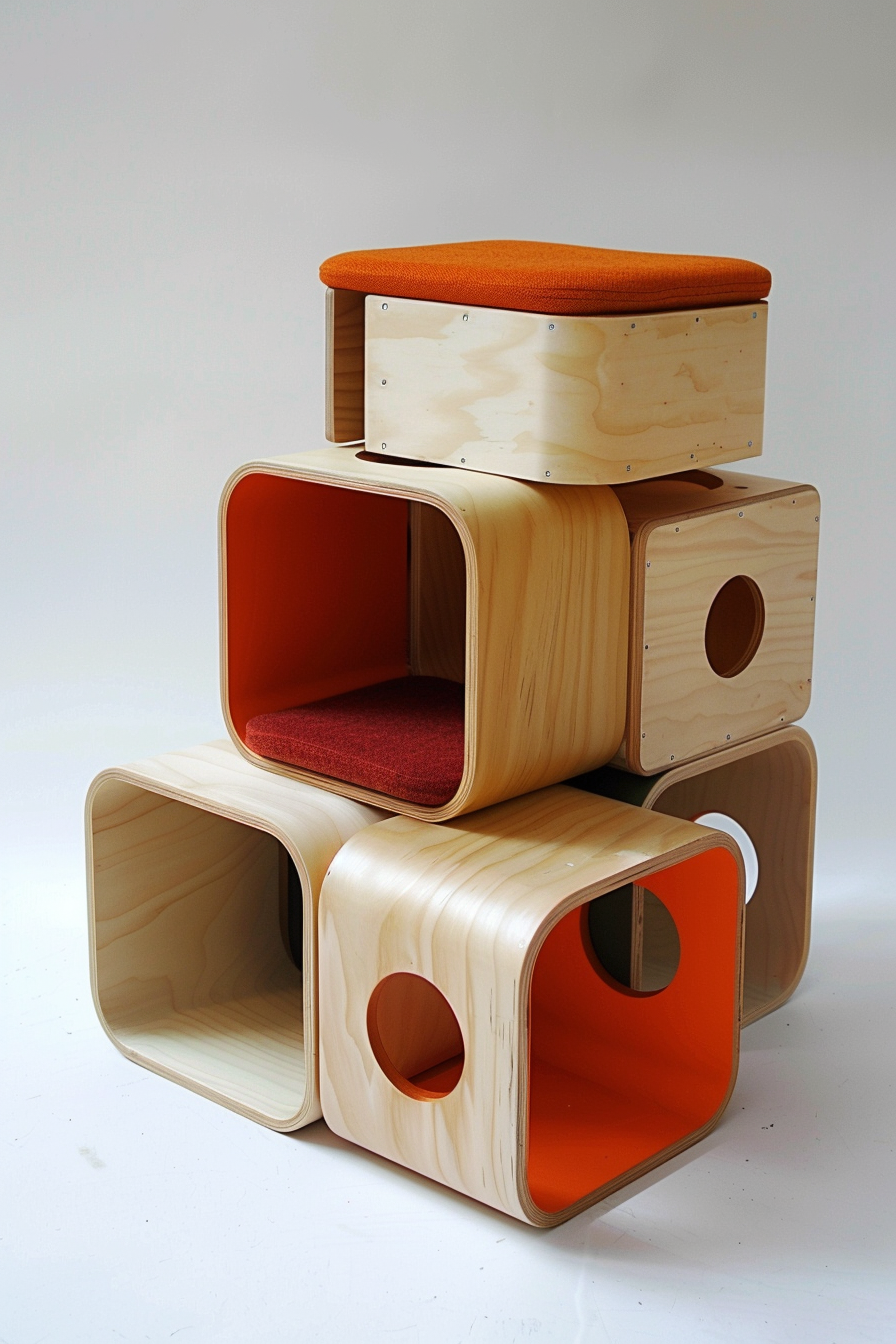 Modular wooden furniture stacked to form shelves and seating with orange cushions.