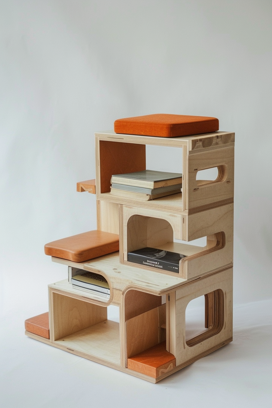 Modular plywood furniture with shelves and orange cushions, showcasing a modern, minimalist design.