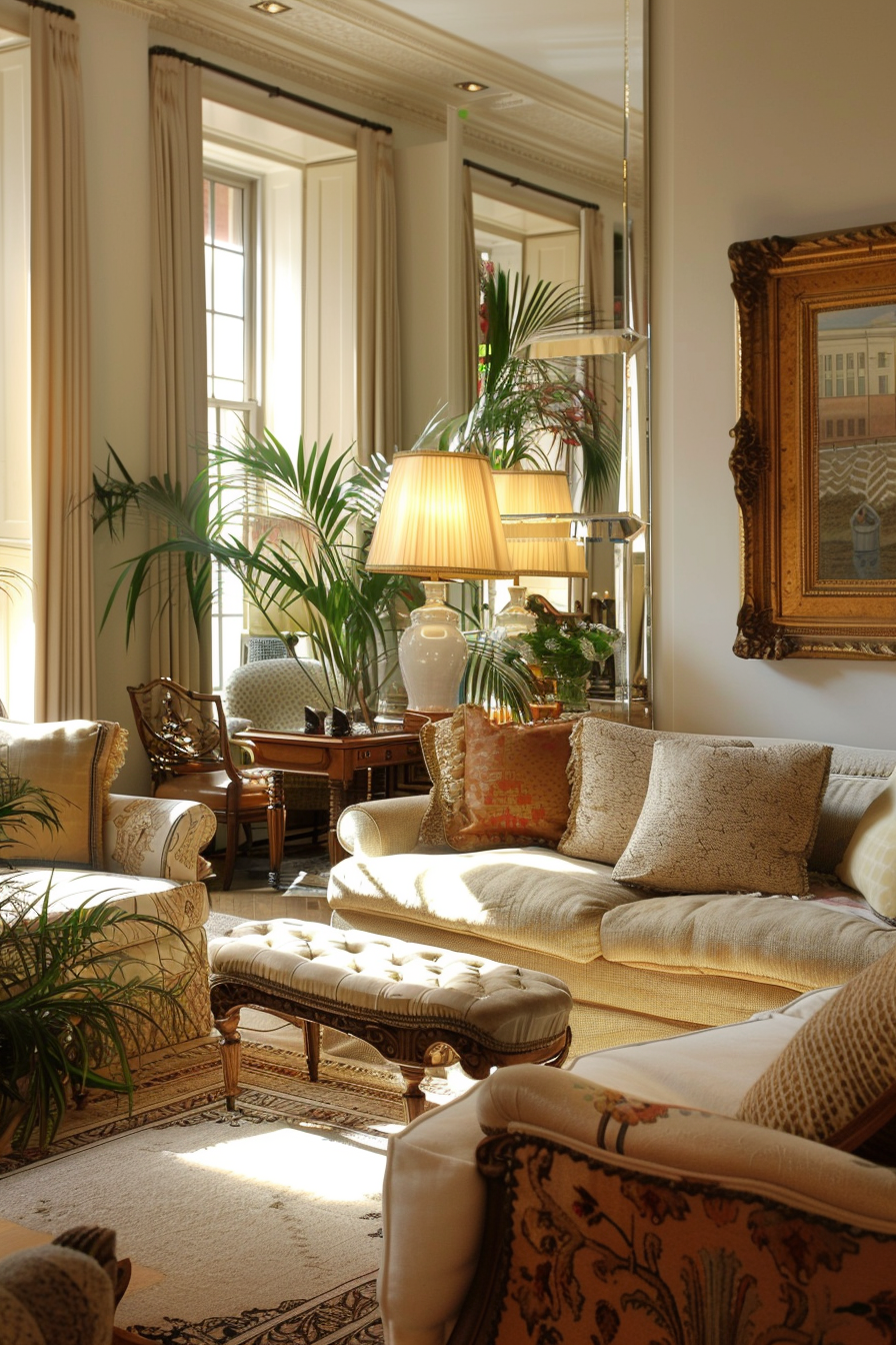 Elegant living room with natural light, featuring plush seating, indoor plants, a desk, and ornate decor.