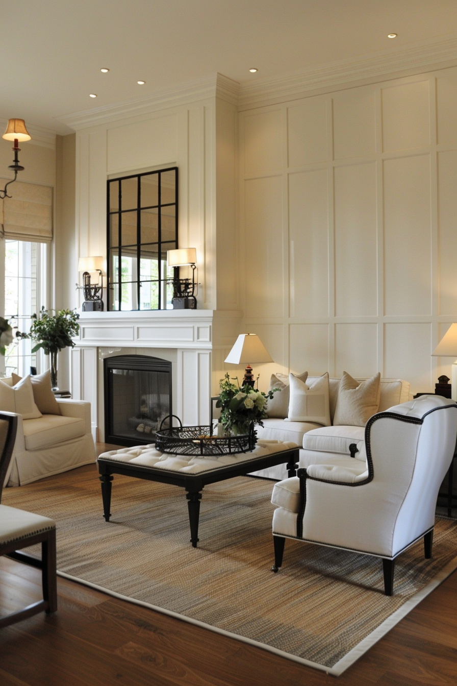 Elegant living room with white armchairs, a black coffee table, fireplace, and decorative mirror.