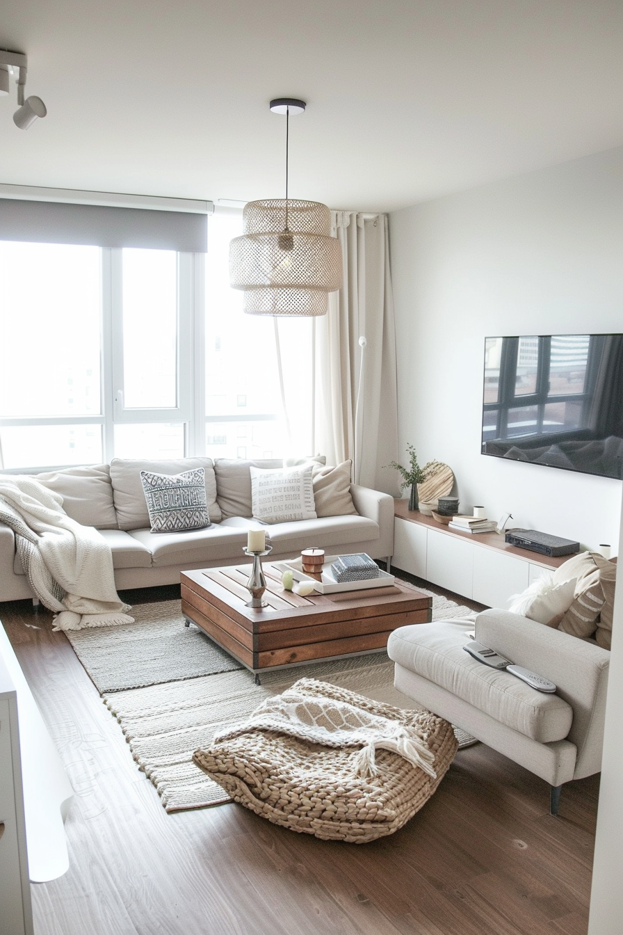 ALT: A cozy, modern living room with a beige sofa, wooden coffee table, patterned rug, and a pendant light fixture.