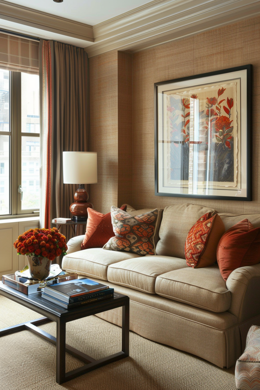 Cozy living room corner with a beige sofa, patterned pillows, a glass-top coffee table, and a framed botanical print.