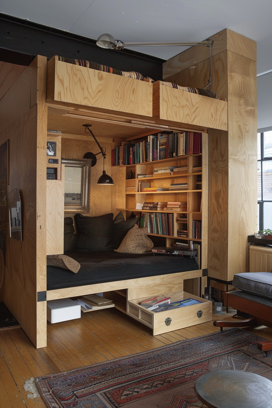 ALT: A cozy nook with a loft bed above a bookcase and a comfortable seating area, with a window, pillows, and warm lighting.