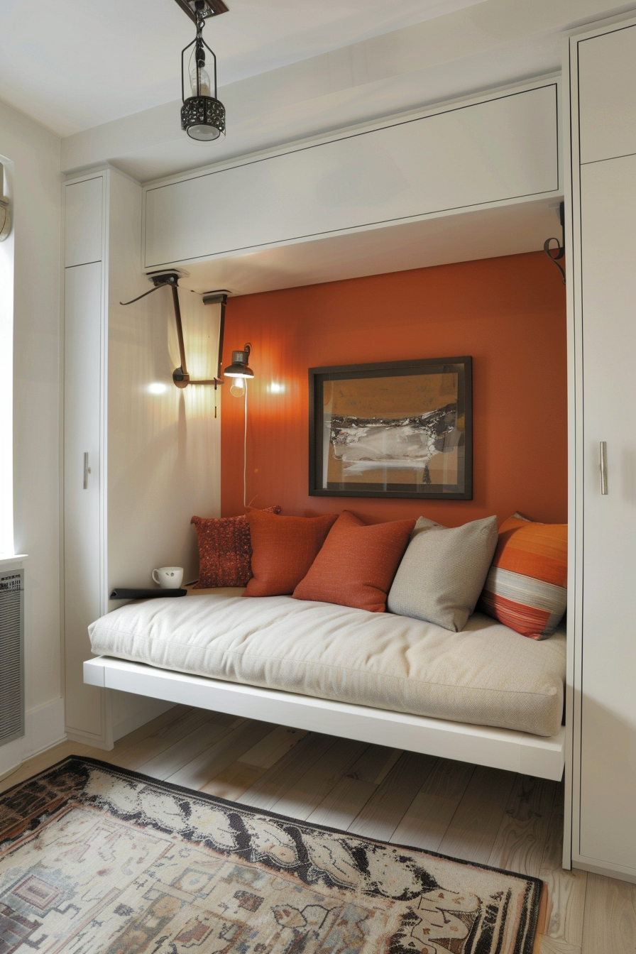 Cozy nook with a built-in bench, orange walls, decorative pillows, framed artwork, sconce lighting, and an ornate rug.
