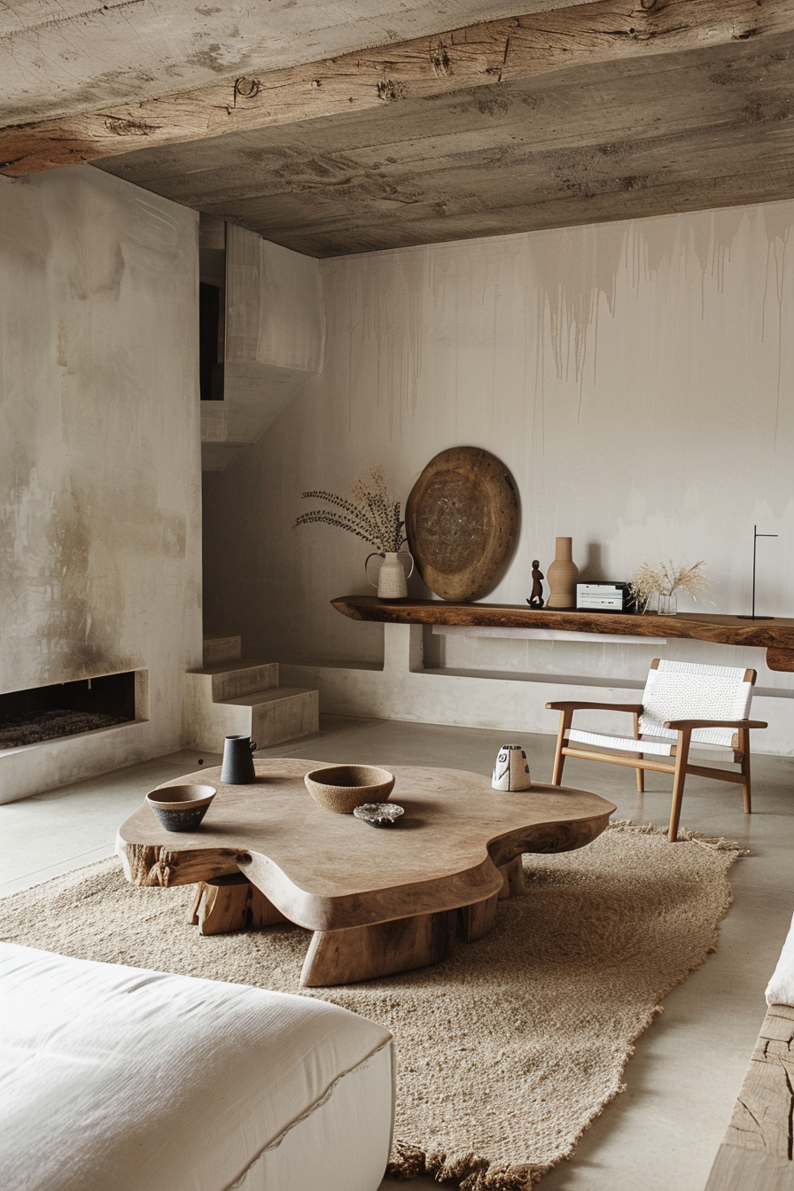 Rustic modern living room with concrete walls, wooden furniture, a unique coffee table, and textural decor.