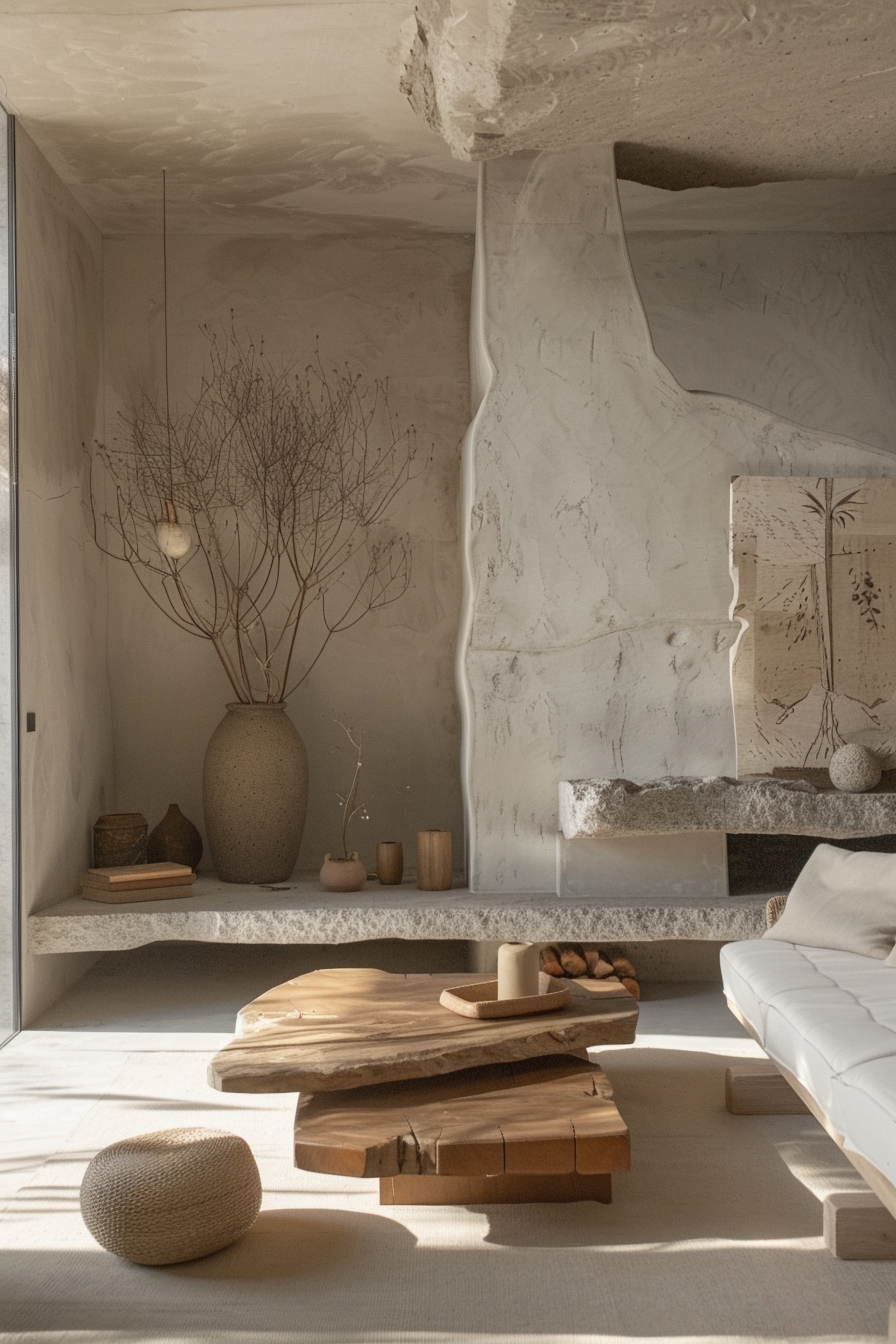 A cozy minimalist living room with rough textured walls, a wooden coffee table, a white sofa, and decorative dry branches in a vase.