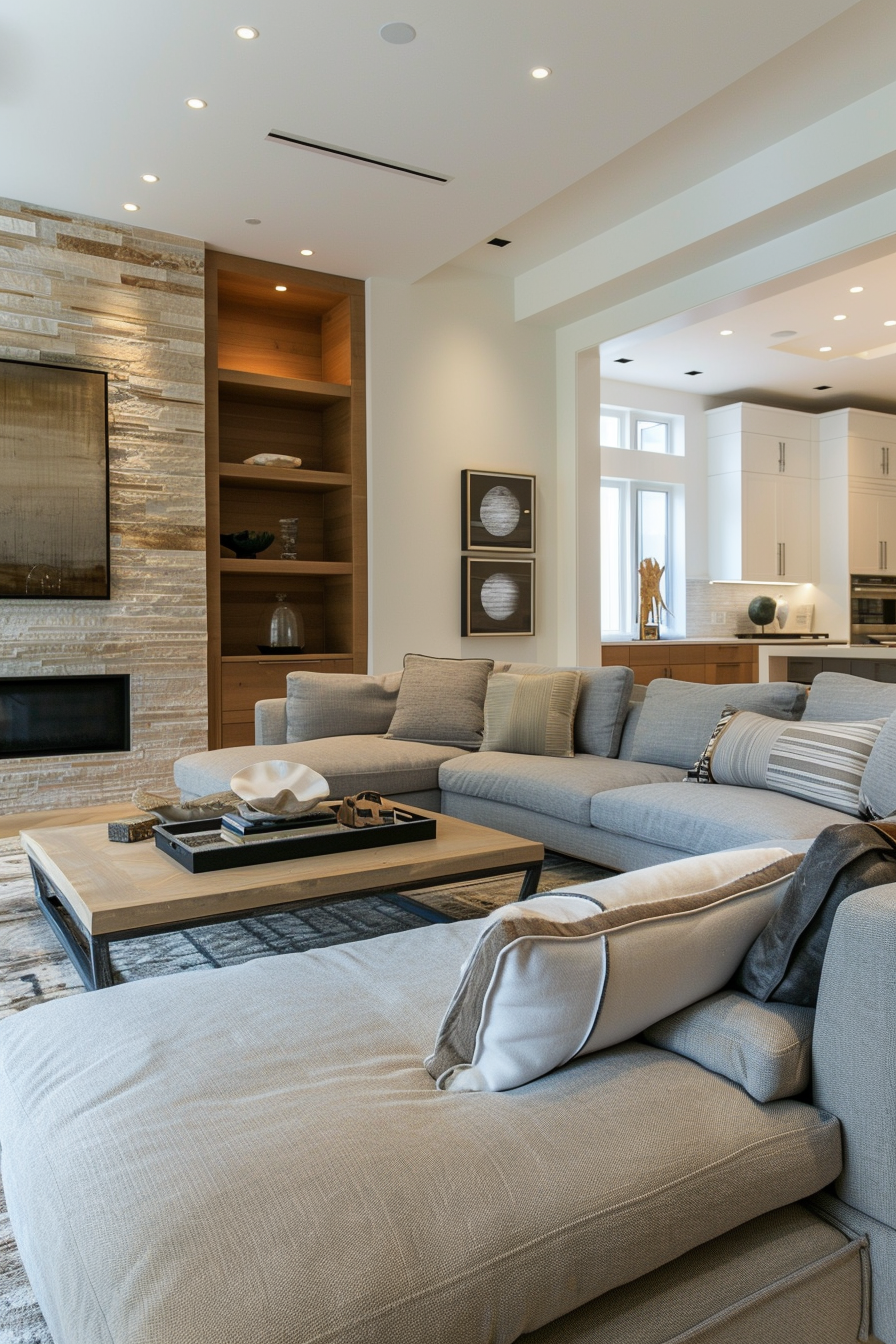 Modern living room with a large grey sectional sofa, wooden coffee table, stone fireplace, and a glimpse of the kitchen area.