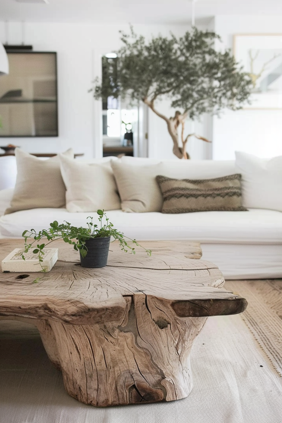 A cozy living room featuring a white sofa with cushions, a rustic wooden coffee table, and small potted plant atop it, with a soft-focus background.