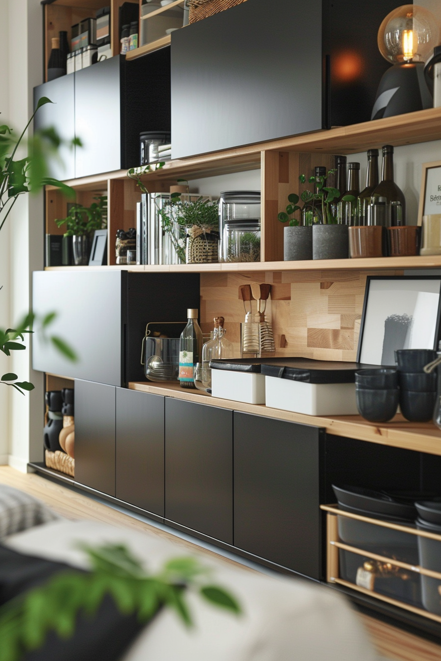 Modern kitchen shelving with a mix of wooden and dark cabinets, adorned with plants, bottles, jars, and utensils.