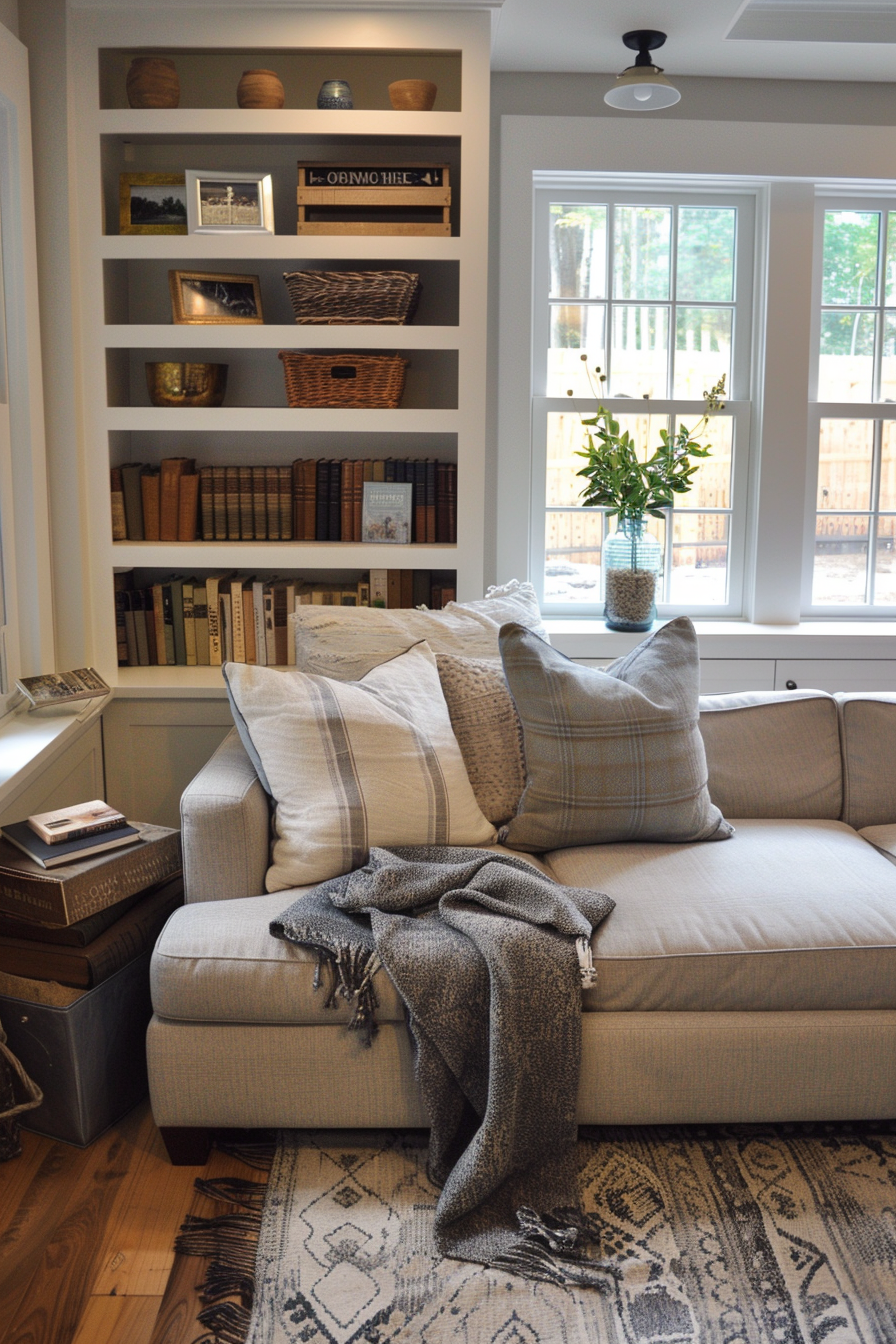 Cozy living room corner with a comfortable couch, throw blanket, bookshelf, and natural light from windows.