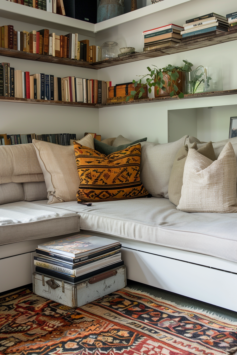 Cozy reading nook with beige cushions, an orange decorative pillow, surrounded by bookshelves and a patterned rug.