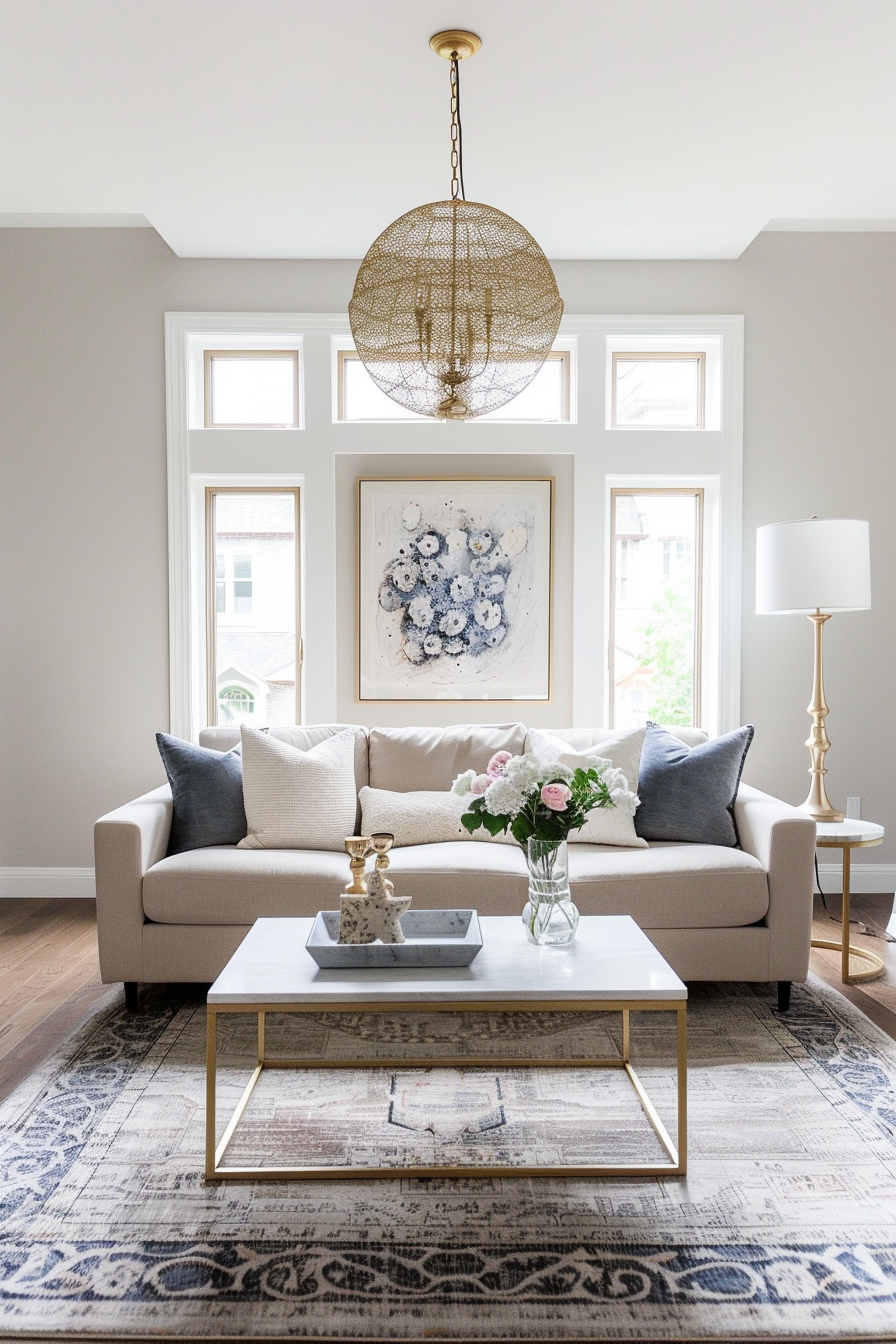 Elegant living room with a beige sofa, white marble coffee table, decorative light fixture, and a framed abstract painting.