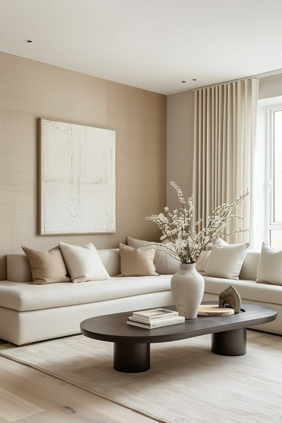 A modern living room with a large beige sofa, a dark round coffee table, a white vase with flowers, and an abstract painting on the wall.