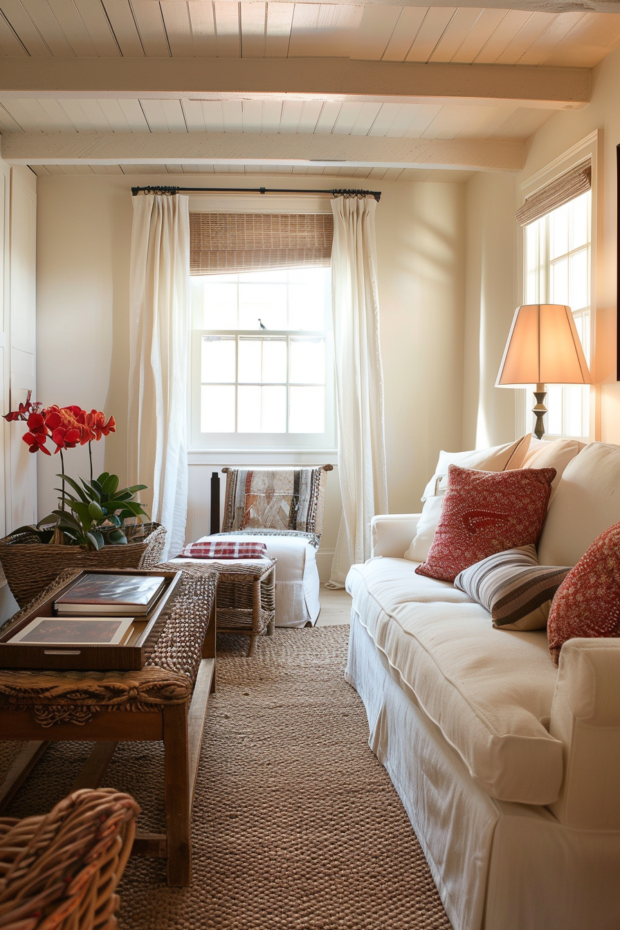 Cozy living room with a white sofa, wicker chairs, red accent pillows, a woven rug, and a sunny window with sheer curtains.