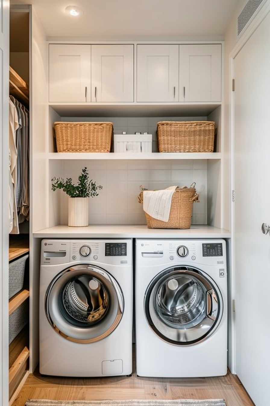 Modern laundry room with stacked washer and dryer, white cabinetry, and wicker baskets.