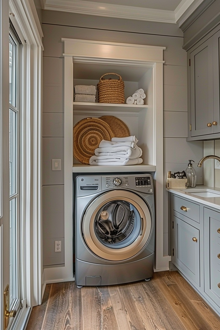 A stylish laundry room with a front-loading washer, built-in shelves with towels and baskets, gray cabinets, and hardwood flooring.