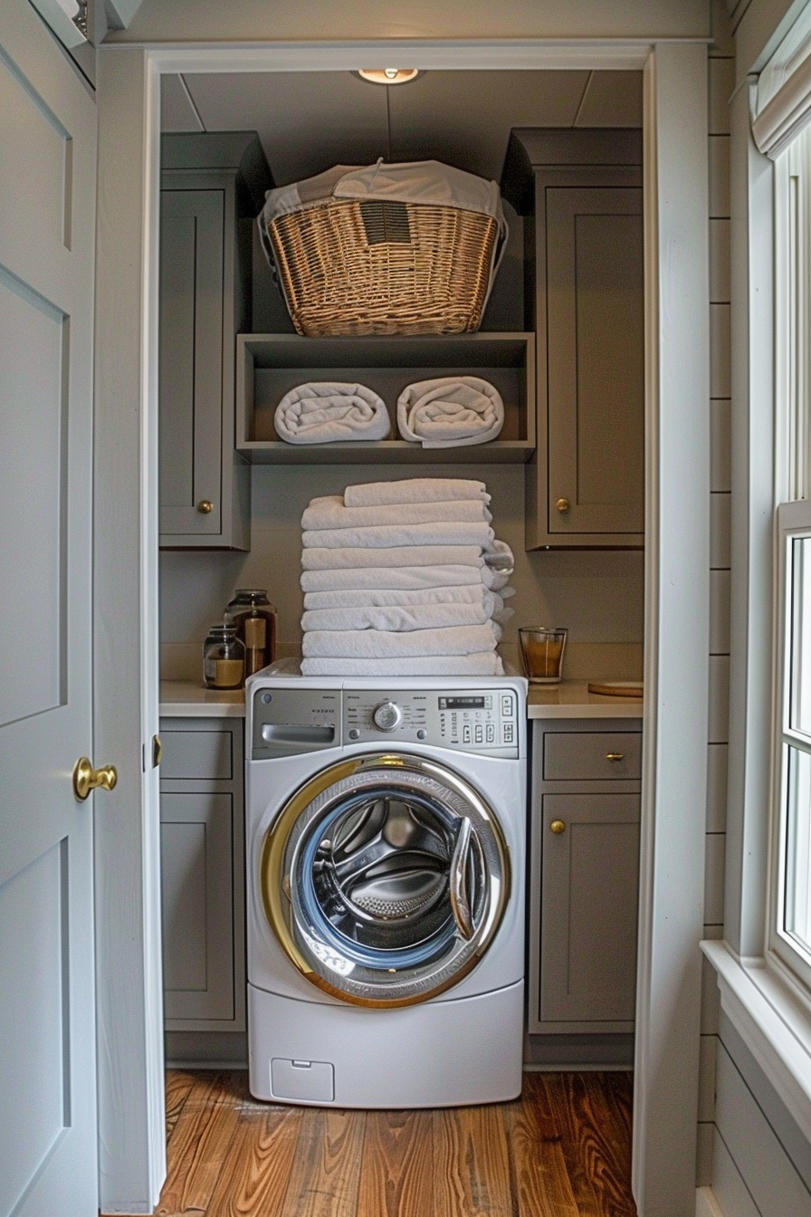 A laundry closet with a front-loading washing machine, stacked towels, and a wicker basket on shelves.