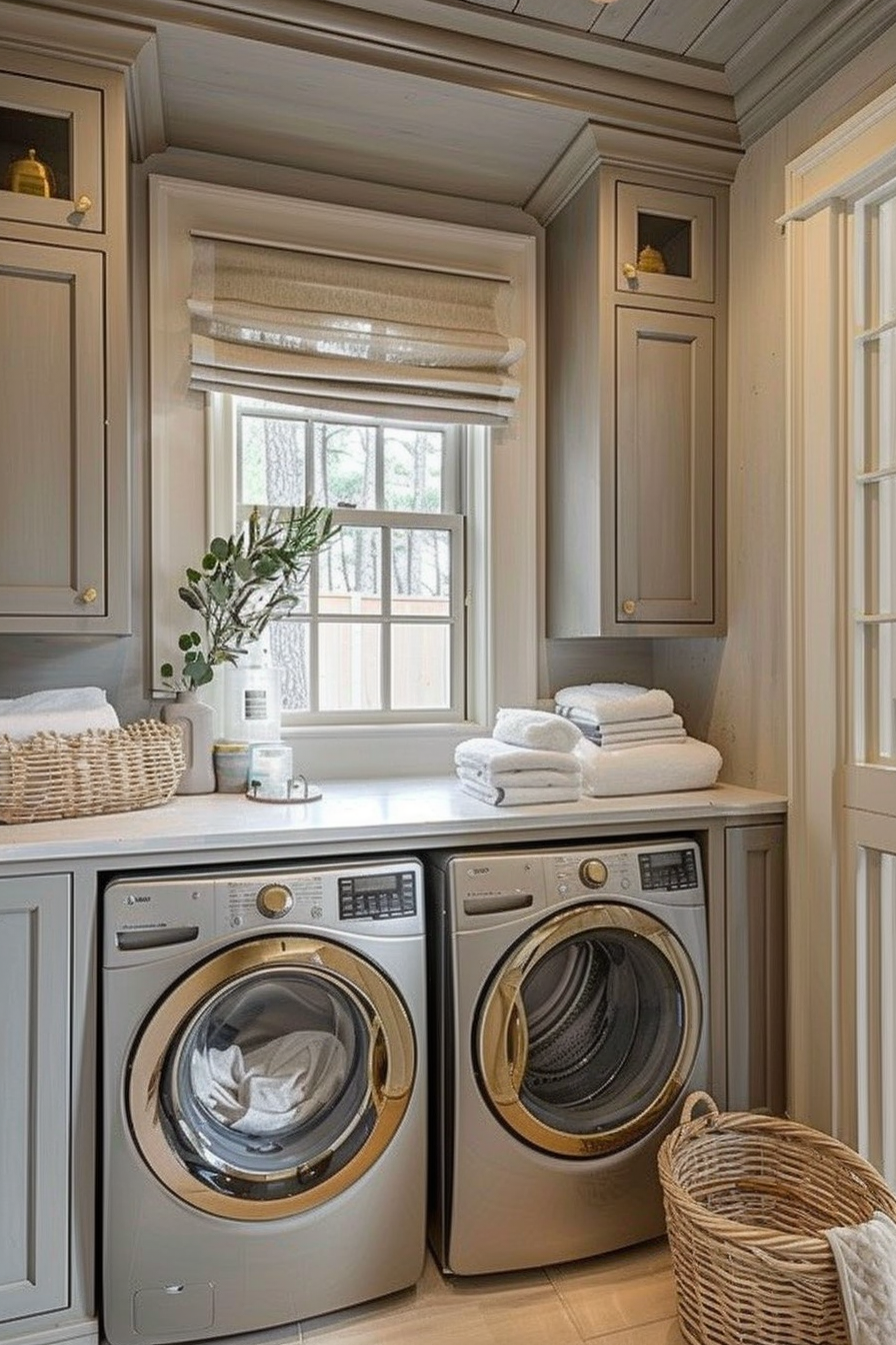 Elegant laundry room with taupe cabinets, modern washing machines, folded towels, and a window with a view of trees.