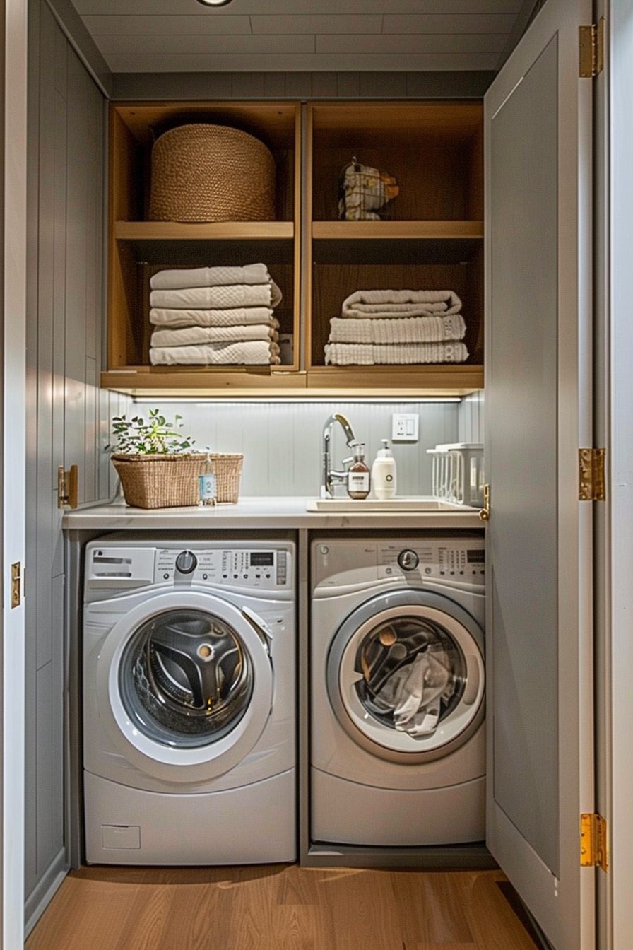 A tidy laundry closet with a stacked washer and dryer, shelves with towels and baskets, and a sink with houseplants.