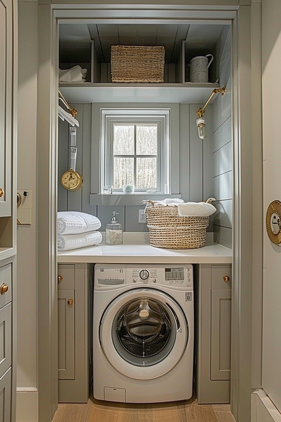 A cozy laundry closet with a washer, shelves with towels and baskets, and a small window letting in natural light.