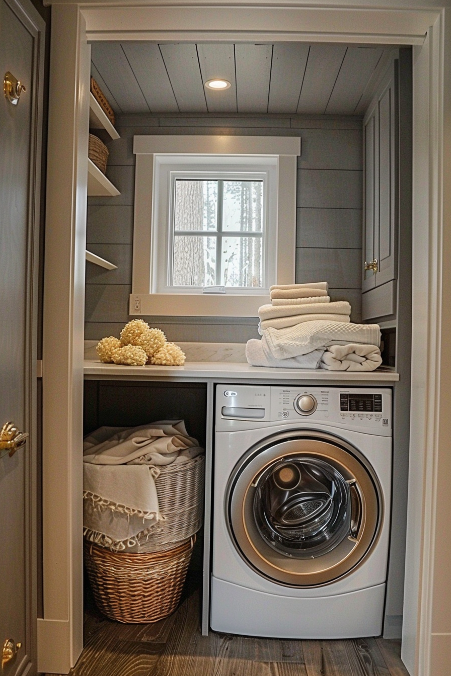 Cozy laundry nook with a modern washing machine, woven baskets, folded towels, and a small window letting in natural light.