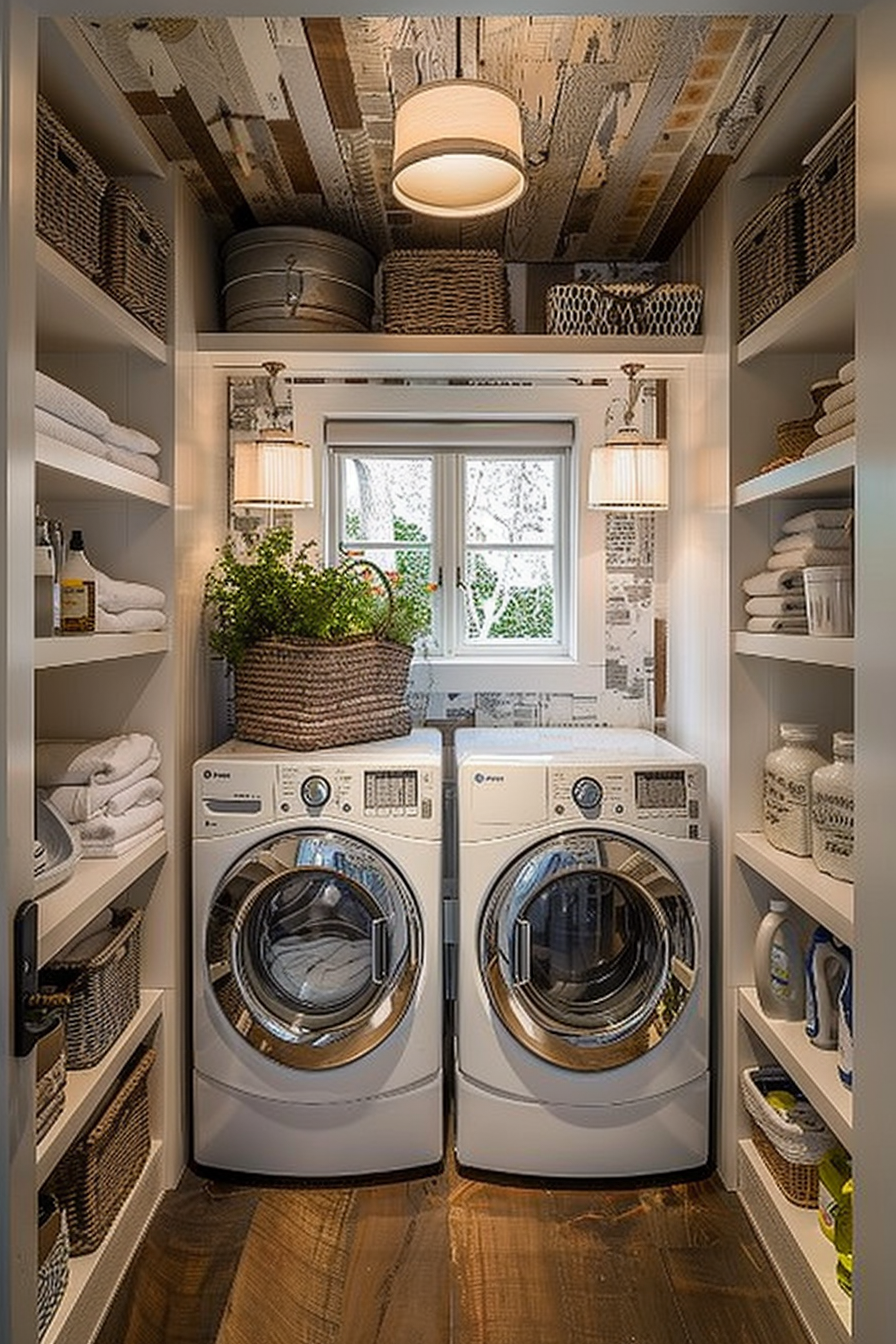 Cozy laundry room with stacked washer and dryer, open shelving with baskets, towels, and a window.